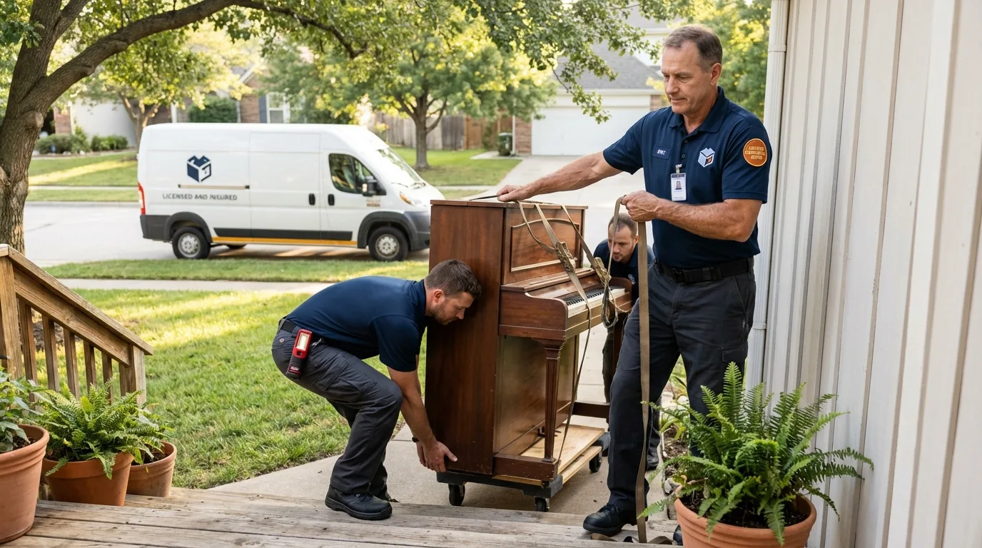 Licensed piano movers securing grand piano in Buckner, MO