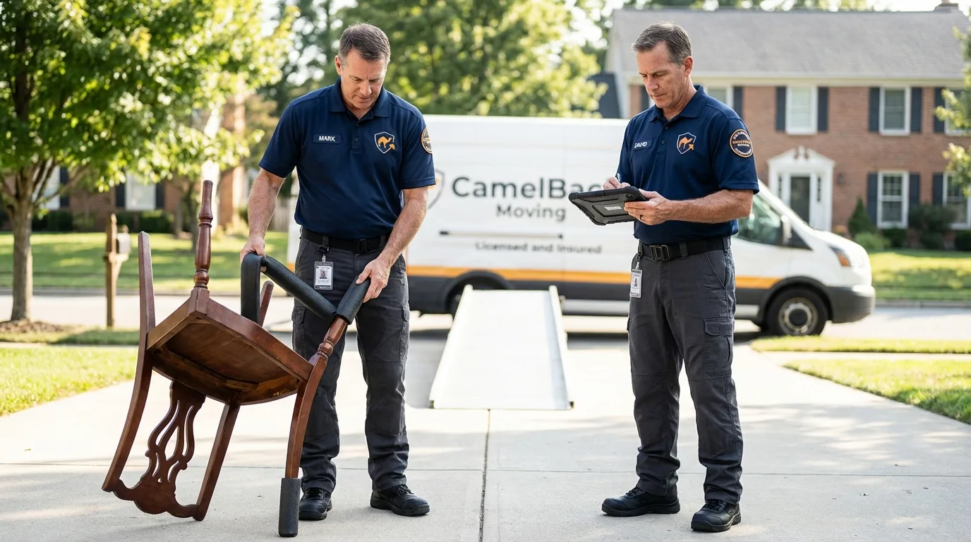 Movers inspecting furniture for damage prevention before loading in Buckner, MO