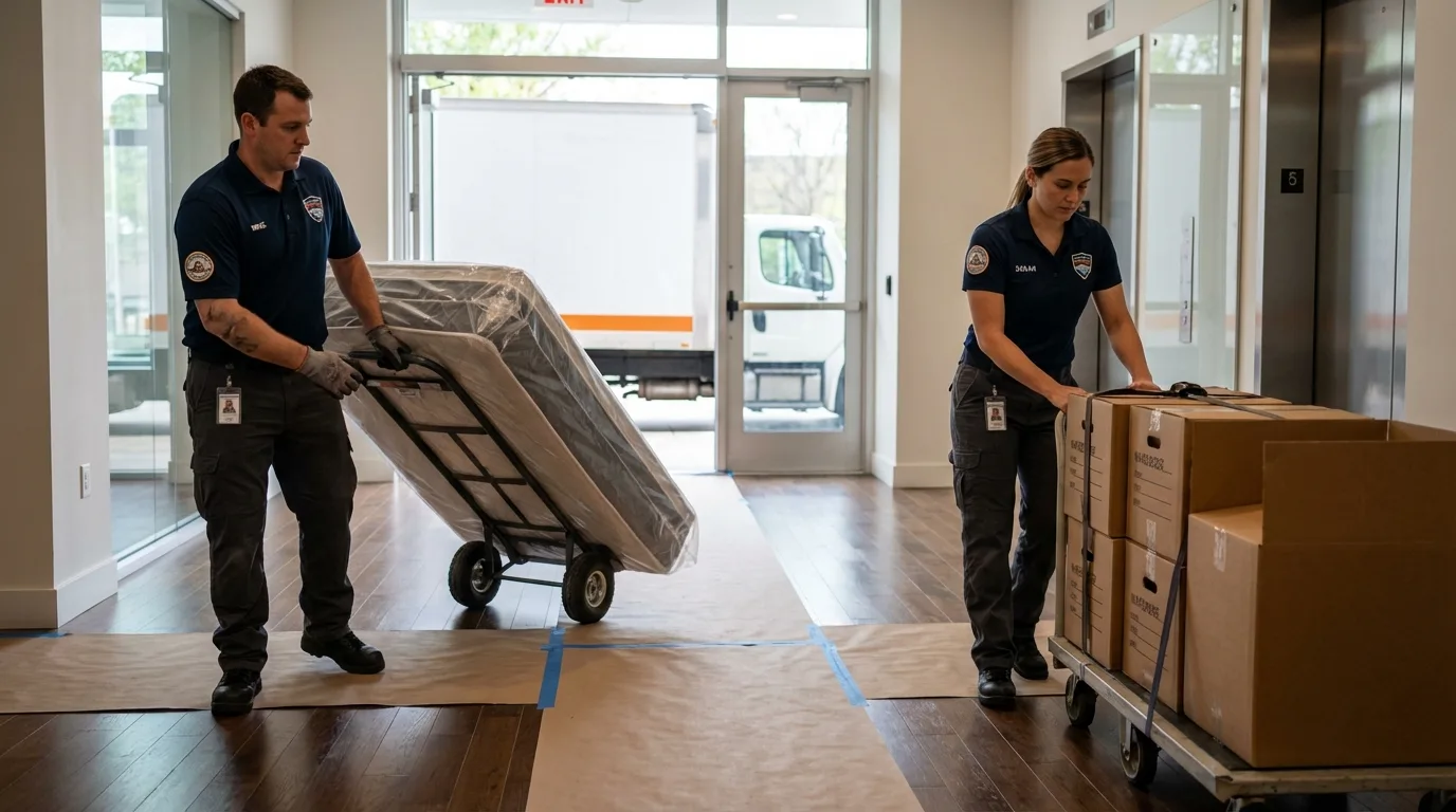 Professional apartment movers loading elevator in Buckner, MO