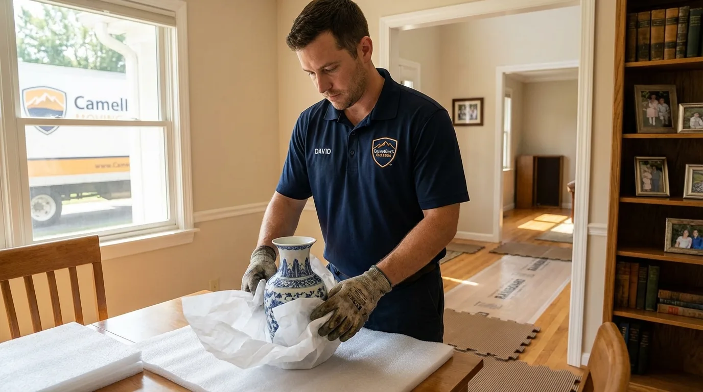 Professional crew carefully wrapping antique vase for senior downsizing move in Buckner, MO
